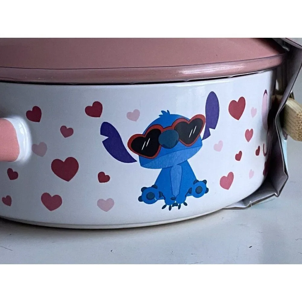 Disney Stitch And Angel Valentines Hearts Ceramic Brie Baker‎ & Wood Spoon NEW